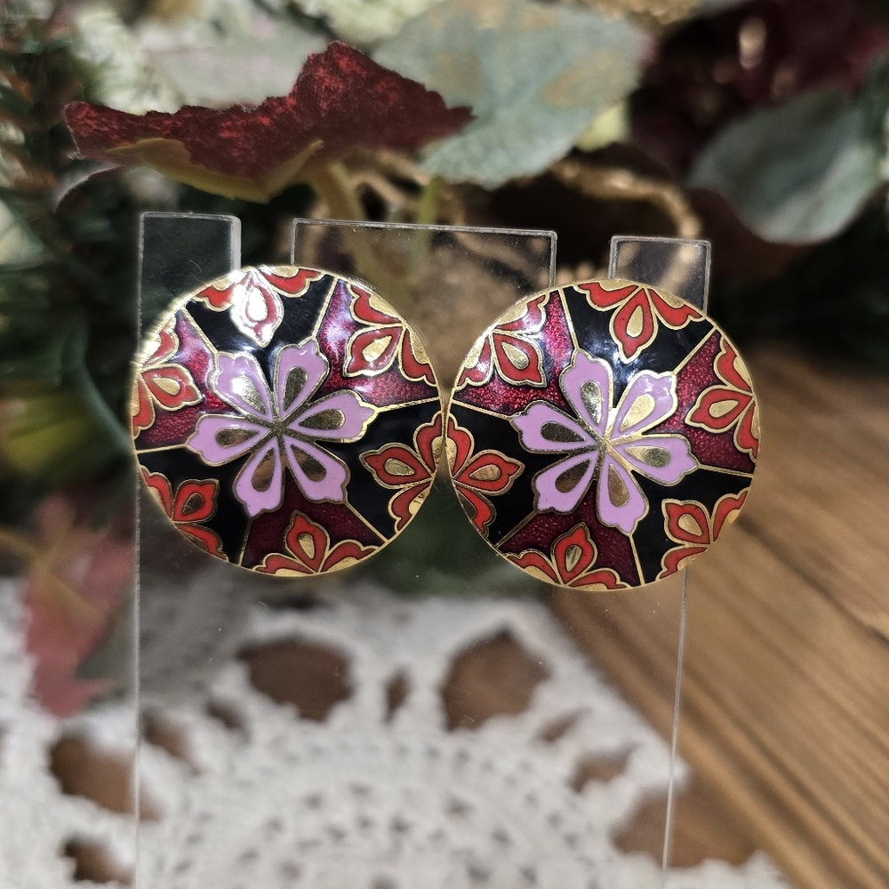 Vtg. Floral Cloisonne Round Post Earrings